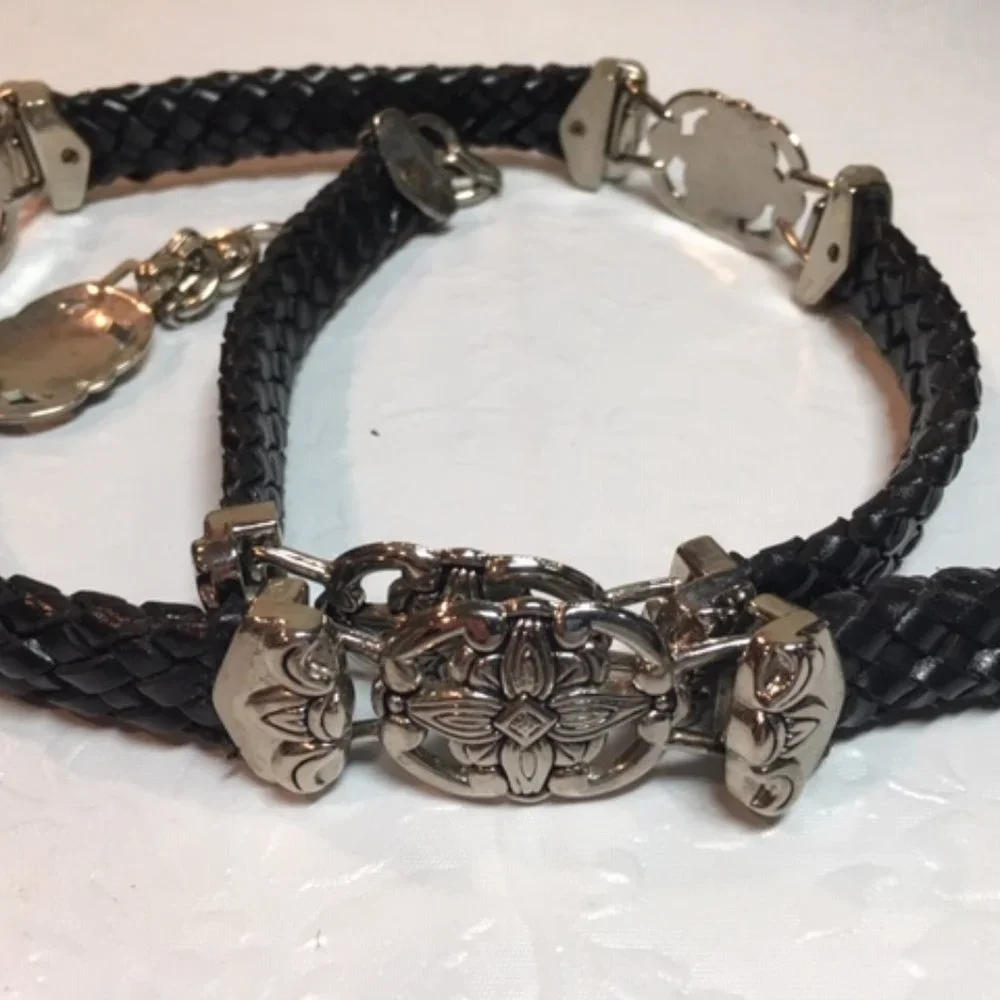Braided Leather Navy w/ Floral Silver Toned Ornaments Belt Small